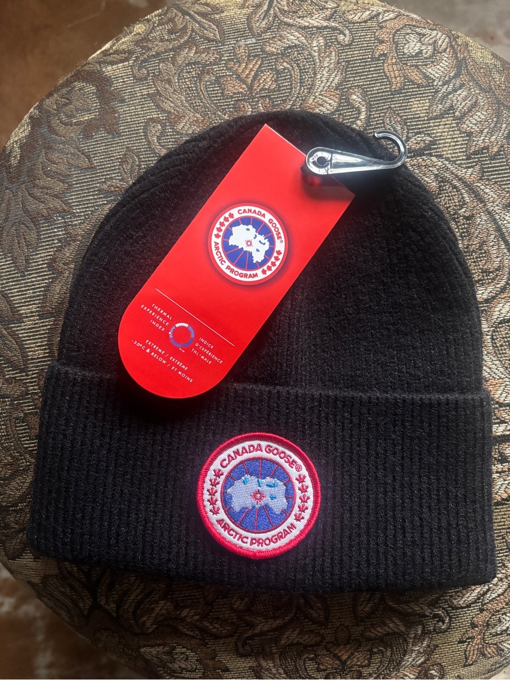 Canada Goose Black Ribbed Knit Beanie with Red Logo Patch